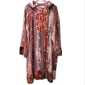 Vintage Newport News Boho Paisley Midi Shift Dress Velvet Detail Hood Size 18